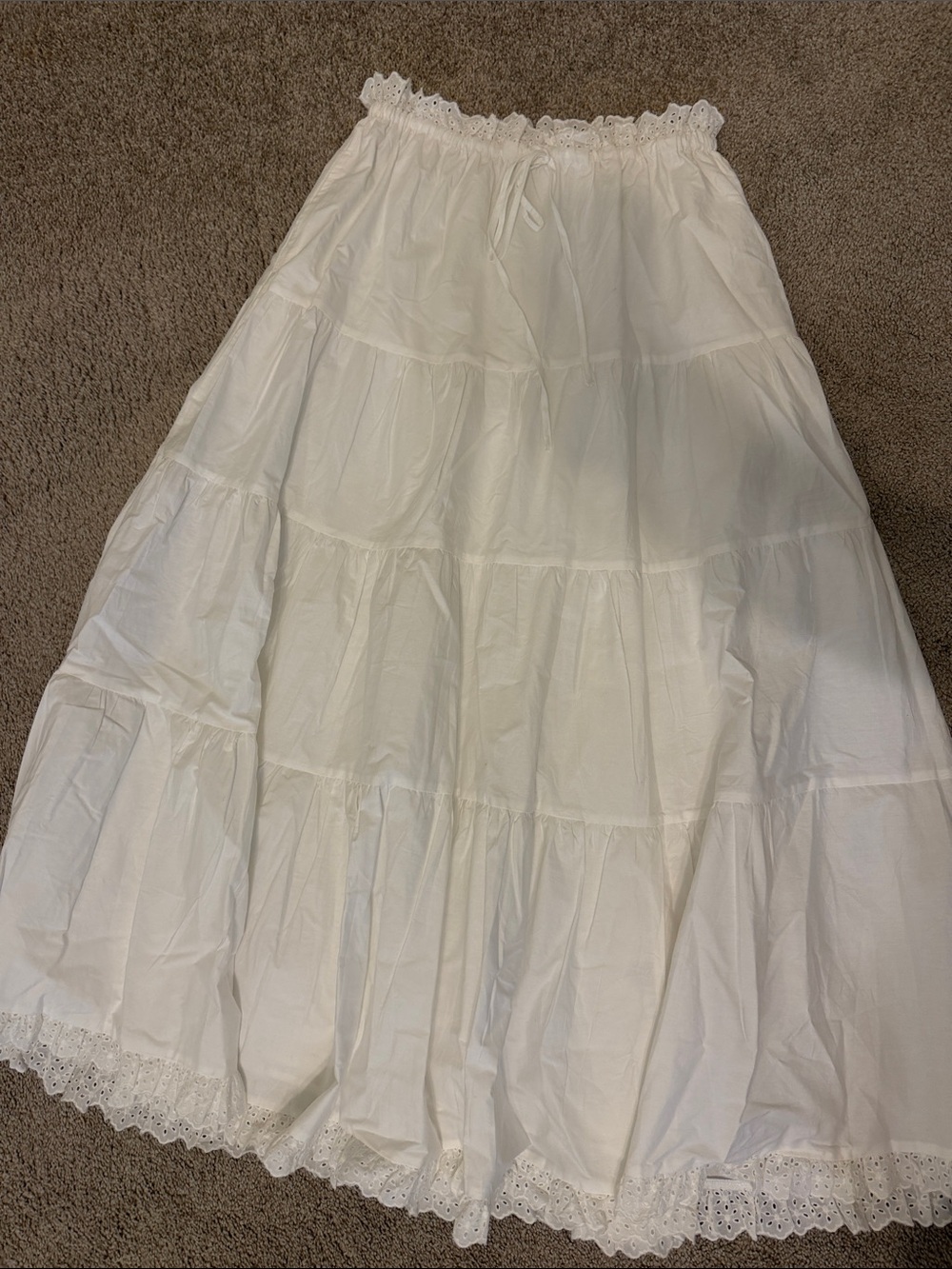 White Tiered Maxi Skirt with Lace Eyelet Trim
